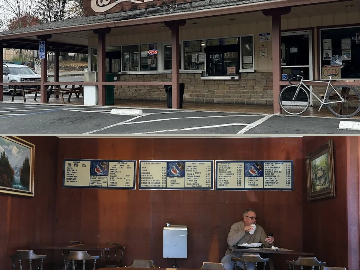 Casual restaurant seating under an outdoor area.